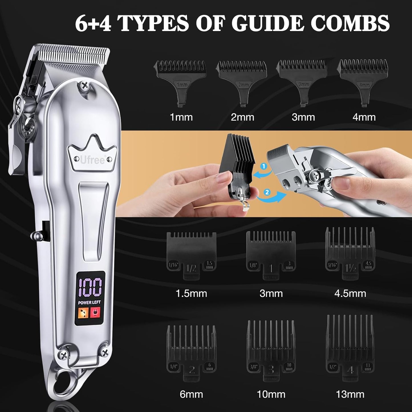 Ufree Hair Clippers for Men - Professional Cordless Barber Trimmer Set with LED Display | Silver Hair Cutting Kit