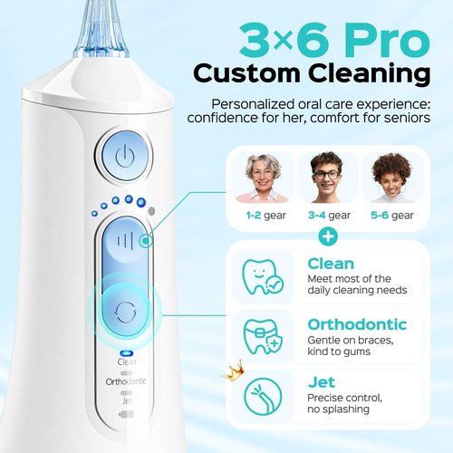 COSLUS C51 Portable Water Flosser for Teeth: 3 Modes & 6 Pressure Settings with Jet Mode Water Dental Pick for Orthodontic, Braces, Sensitive Gums, Compact for Travel, 300ML for Multiple Users, White