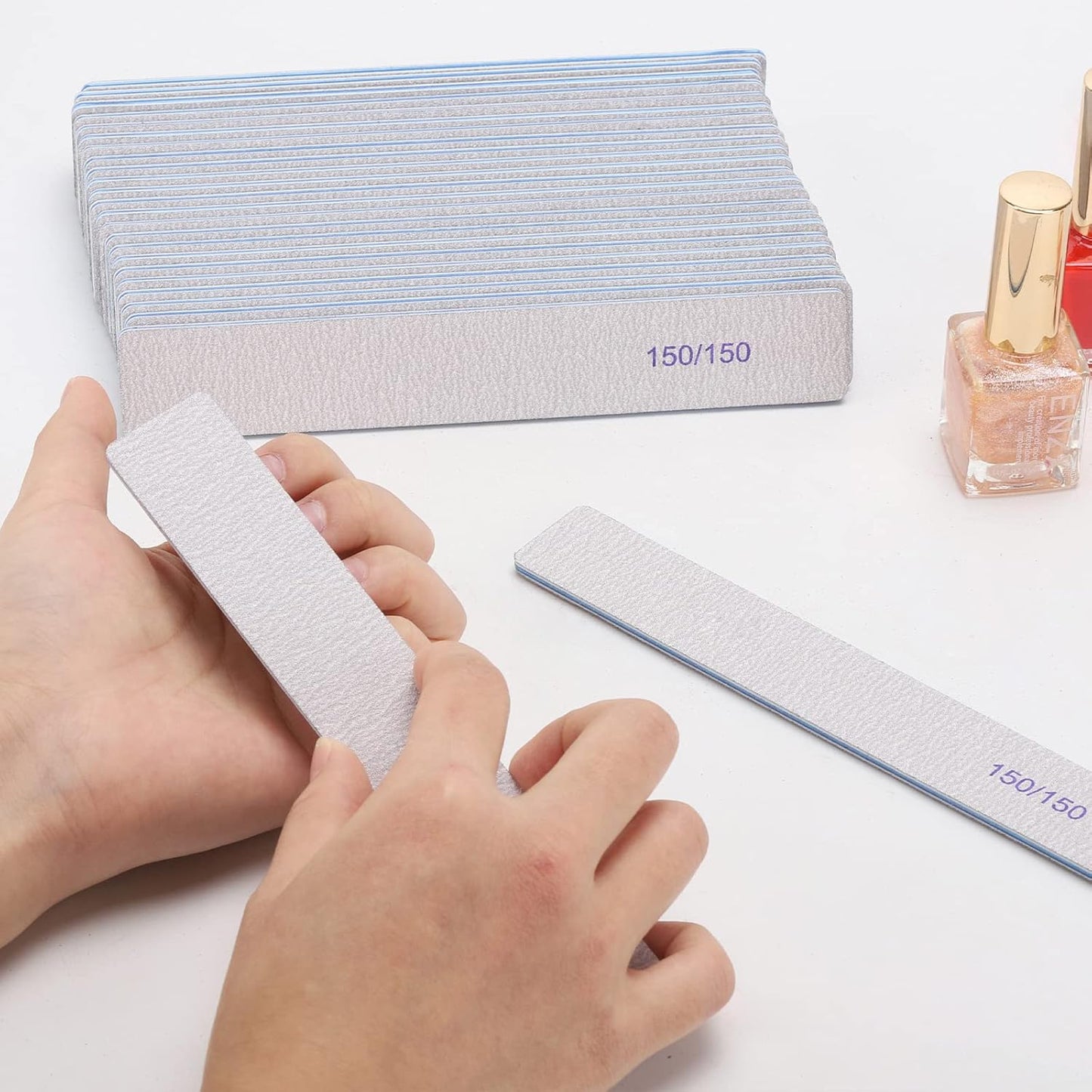 Skiennix 150/150 Grit Rectangle Nail Files - 50 Reusable Double-Sided Emery Boards for Acrylic Nails