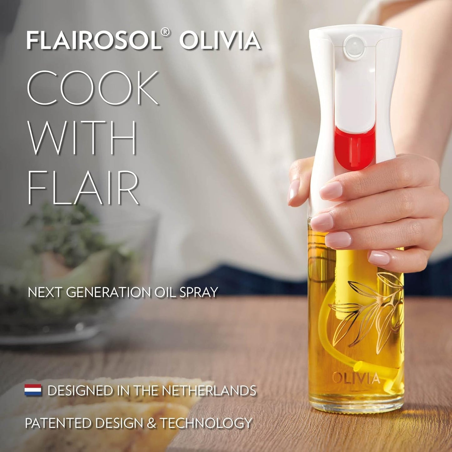 FLAIROSOL Olivia Signature Oil Sprayer - Advanced Fine Mist Cooking Spray Bottle, 130ml | Refillable Glass for Air Fryer & BBQ (Golden Leaves)
