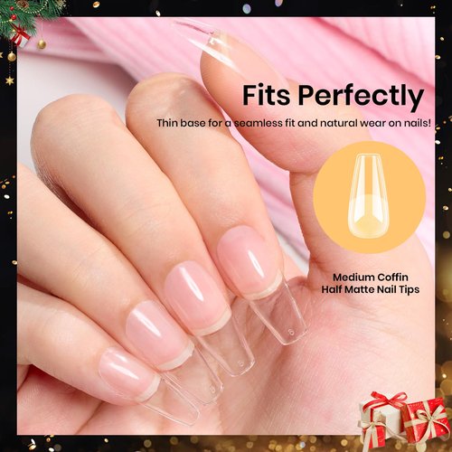 Beetles Gel Nail Tips Medium Coffin Etch X, 12 Sizes 288Pcs Pre Shaped Half Matte Full Cover Press On False Nails Tips Acrylic Fake Nail Extensions Kit Easy DIY Salon Manicure Gift for Women