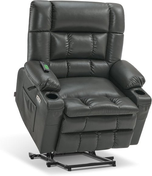 MCombo Dual Motor Power Lift Recliner Chair - Lay Flat Design with Heat & Massage | Extra Wide Faux Leather (Grey, Medium-Wide)
