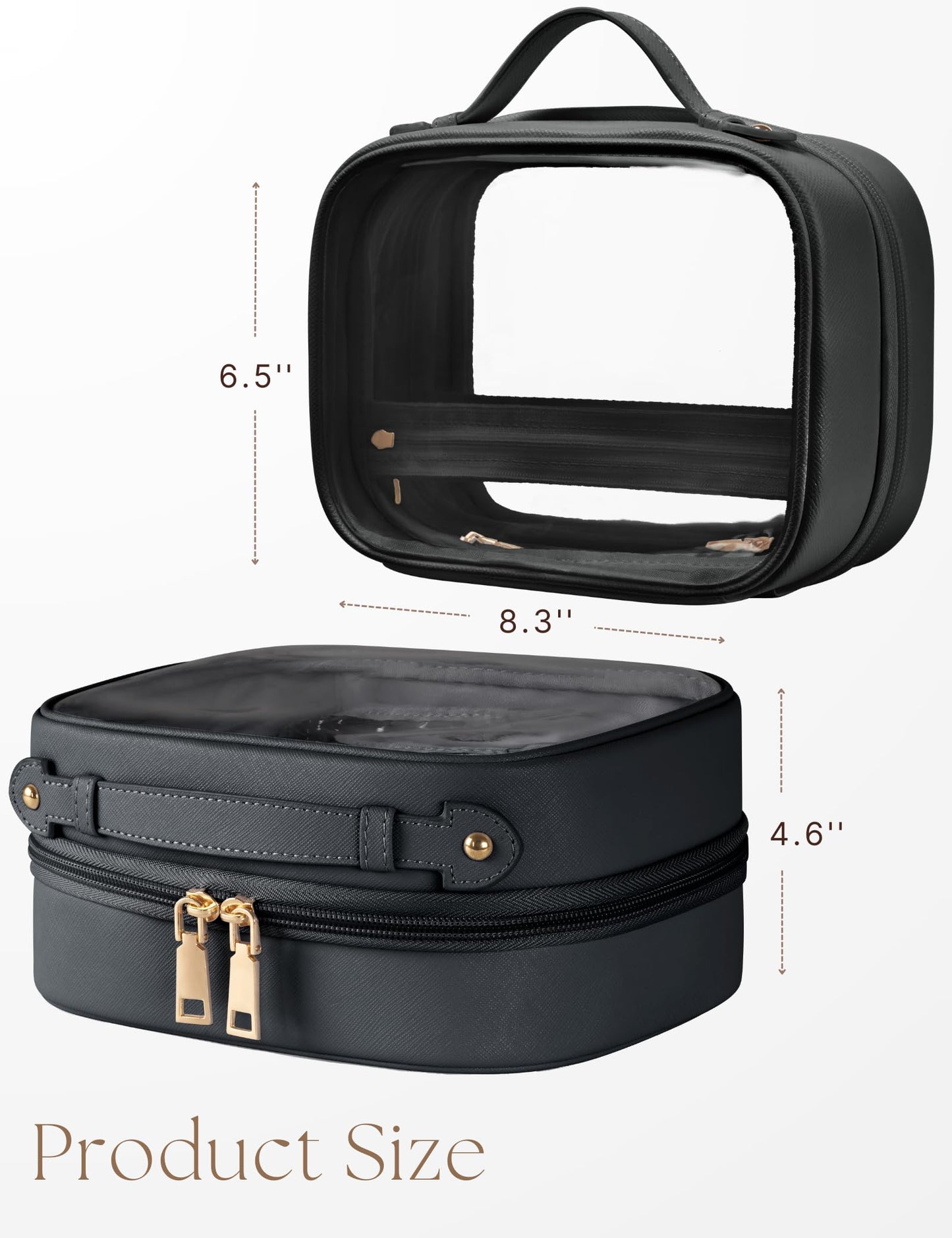 Oaque Clear Cosmetic Bag Double Layer Travel Toiletry Bag Clear Makeup Bag Case with Zipper Transparent Travel Bag for Toiletries, TSA Approved Toiletry Bag for Women Girls (Black)