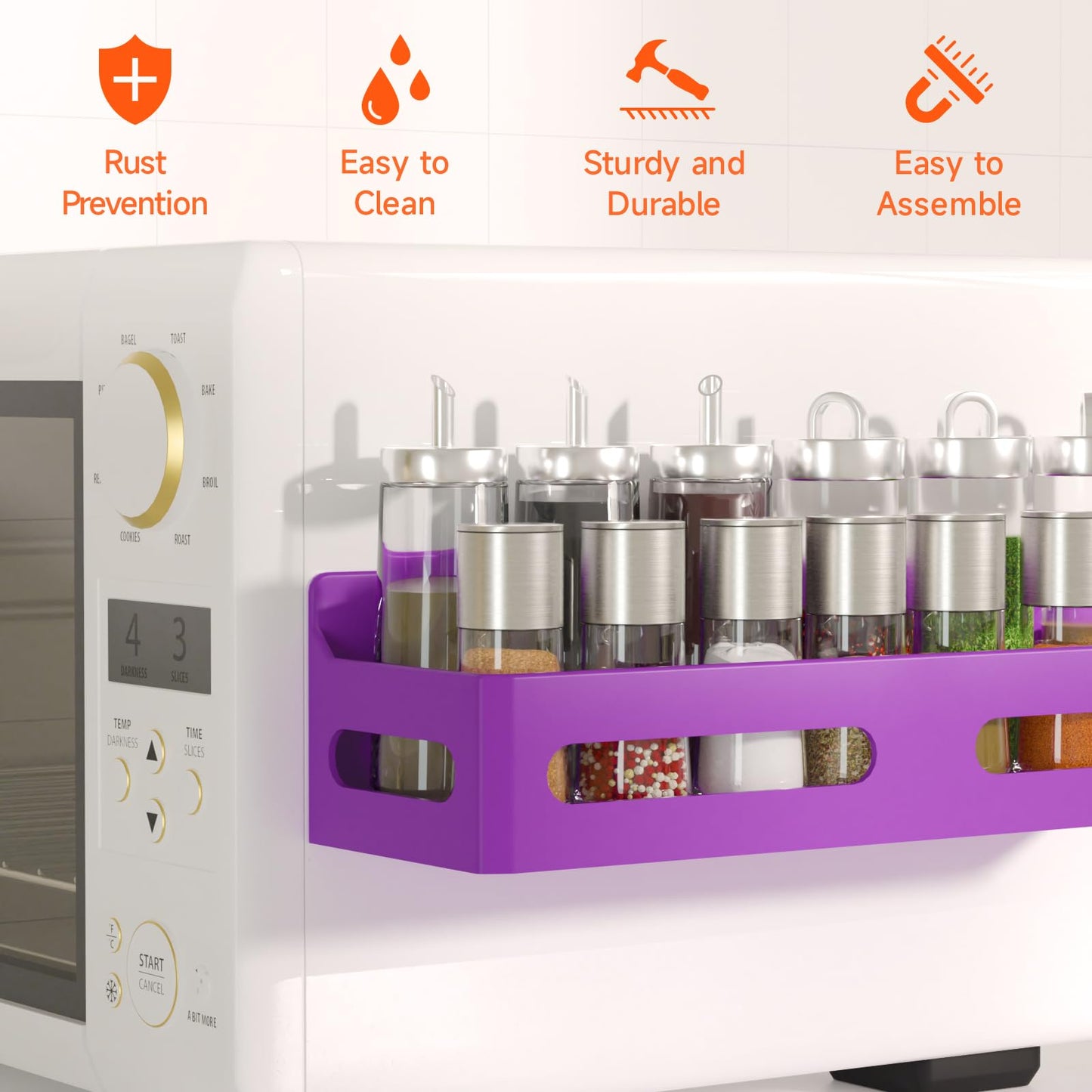 4 Pack Strong Magnetic Spice Rack for Refrigerator, Multipurpose Magnetic Shelf for Fridge with 4 Hooks for kitchen and Bathroom Organization, Black