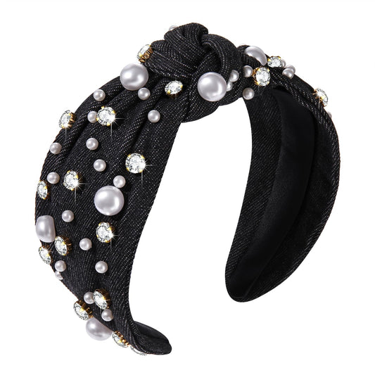 GLBCC Pearl Knotted Headband for Women White Pearl Rhinestone Jeweled Hairband Fashion Ladies Wide Bride Boho Party Hair Accessories (denim black knot hairband)