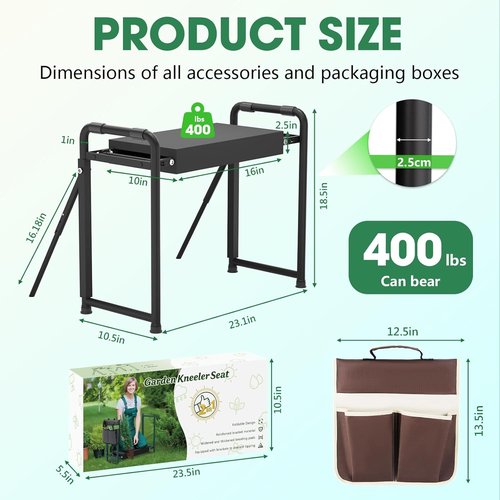 Heavy Duty Garden Kneeler & Seat by [Brand Name] - 400lbs Capacity, Ergonomic Design, Extra Thick Pad & Tool Organizer | Dark Black