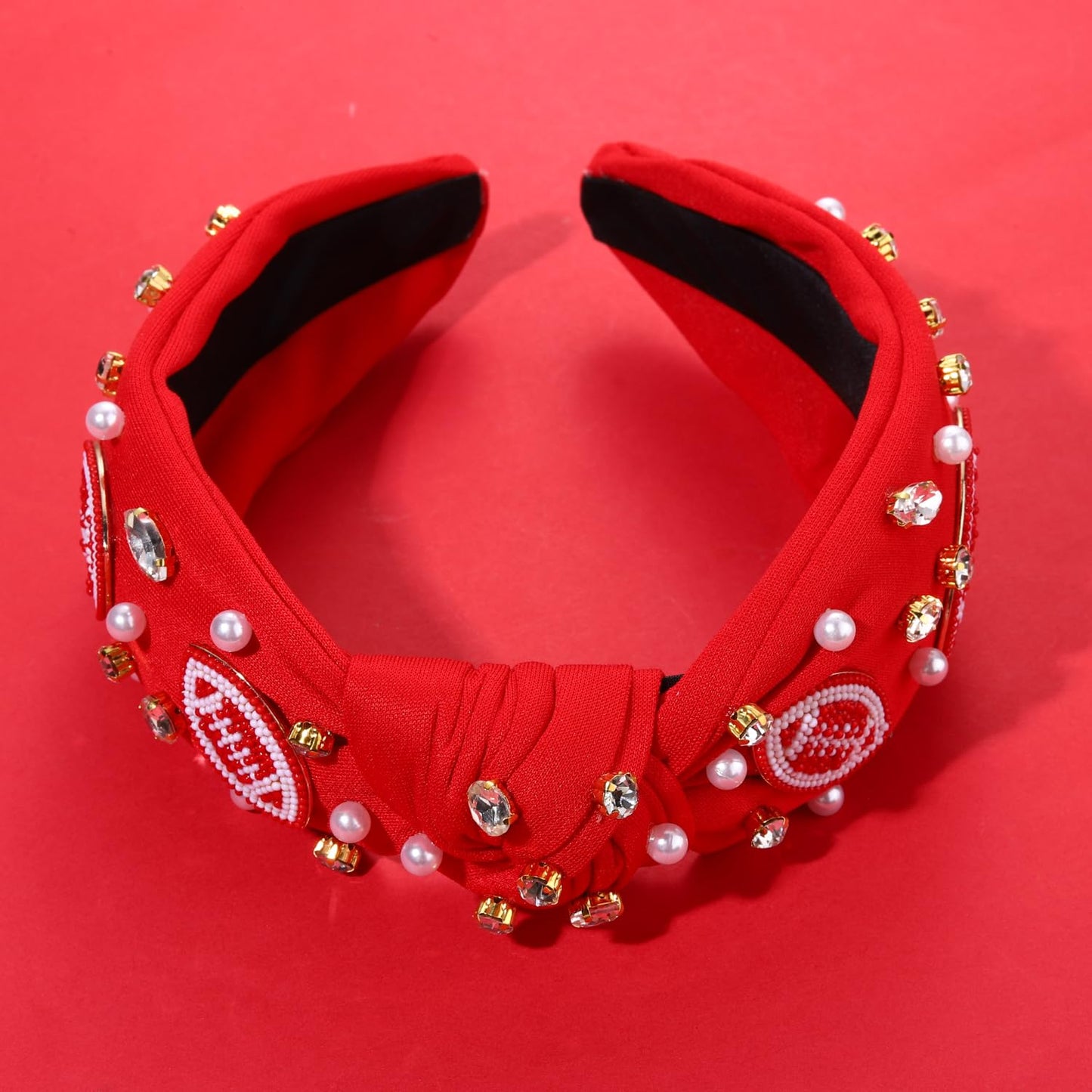 YAHPERN Crystal Pearl Knotted Headbands for Women, Jeweled Wide Top Knot Hair Accessories (Football White&Red)