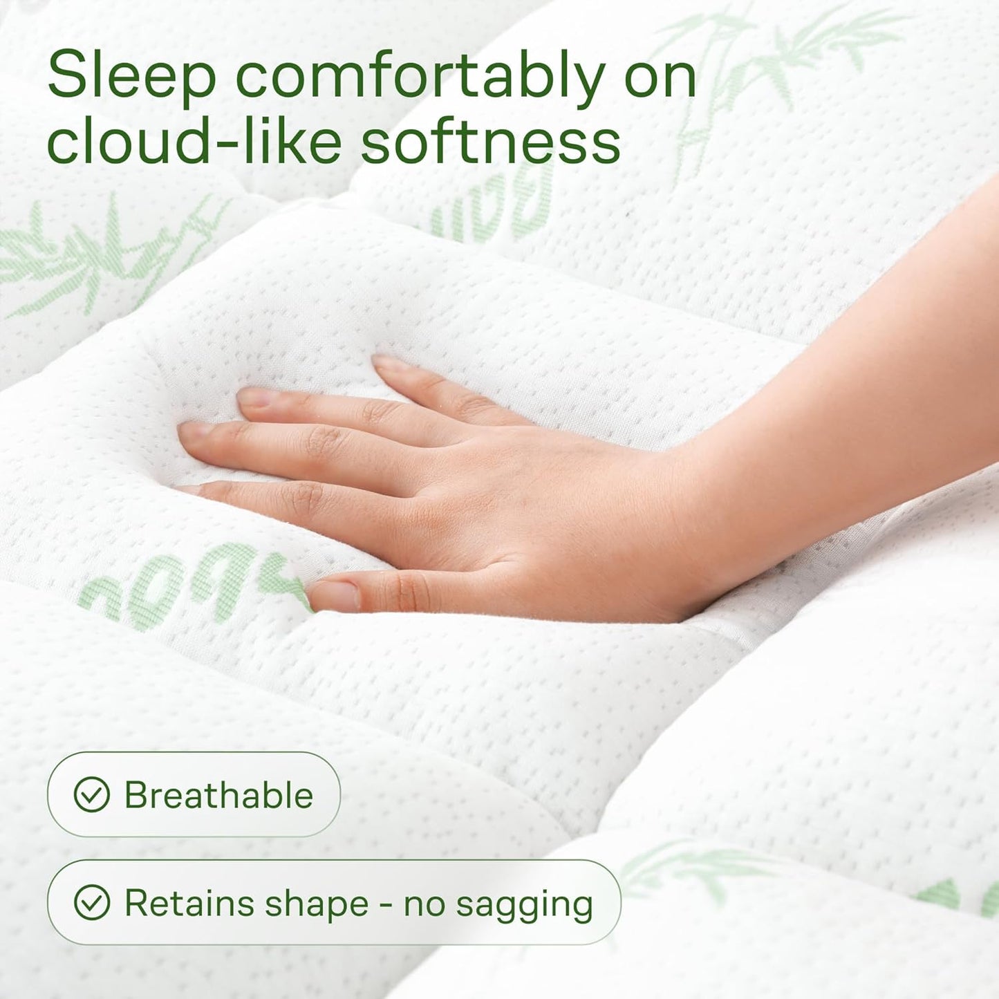Skiennix Ultra Soft Queen Size Mattress Topper - Bamboo Viscose Pillow Top for Full Body Support - Naturally Cooling, Green