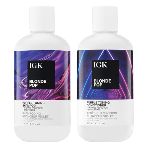 IGK Blonde Pop Purple Toning Shampoo & Conditioner Set - Neutralizes Brass, Brightens Blonde | Vegan, Cruelty-Free | 8 oz (Pack of 2)