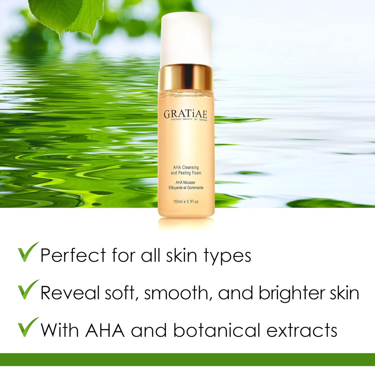 Gratiae Organics AHA Cleansing Foam - Gentle Non-Drying Facial Cleanser for Sensitive Skin, 5.1 fl oz