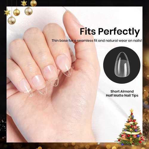 Beetles Gel Nail Tips 576Pcs Pre-shape Short Almond Etch-X Nail Tips,12 Sizes Soft Acrylic False Nail Tips Half Matte Full Cover Easy DIY Press On Nail Extensions Art Salon Gift Set for Women