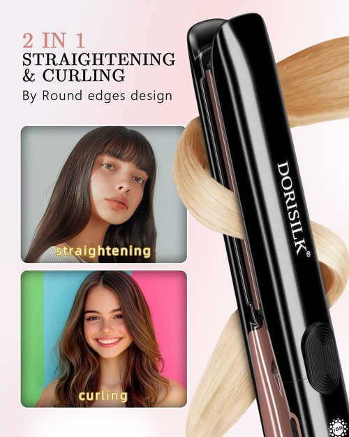 DORISILK 2-in-1 Hair Straightener & Curler - 500°F Fast Heating Ceramic Flat Iron | Dual Voltage Travel Friendly