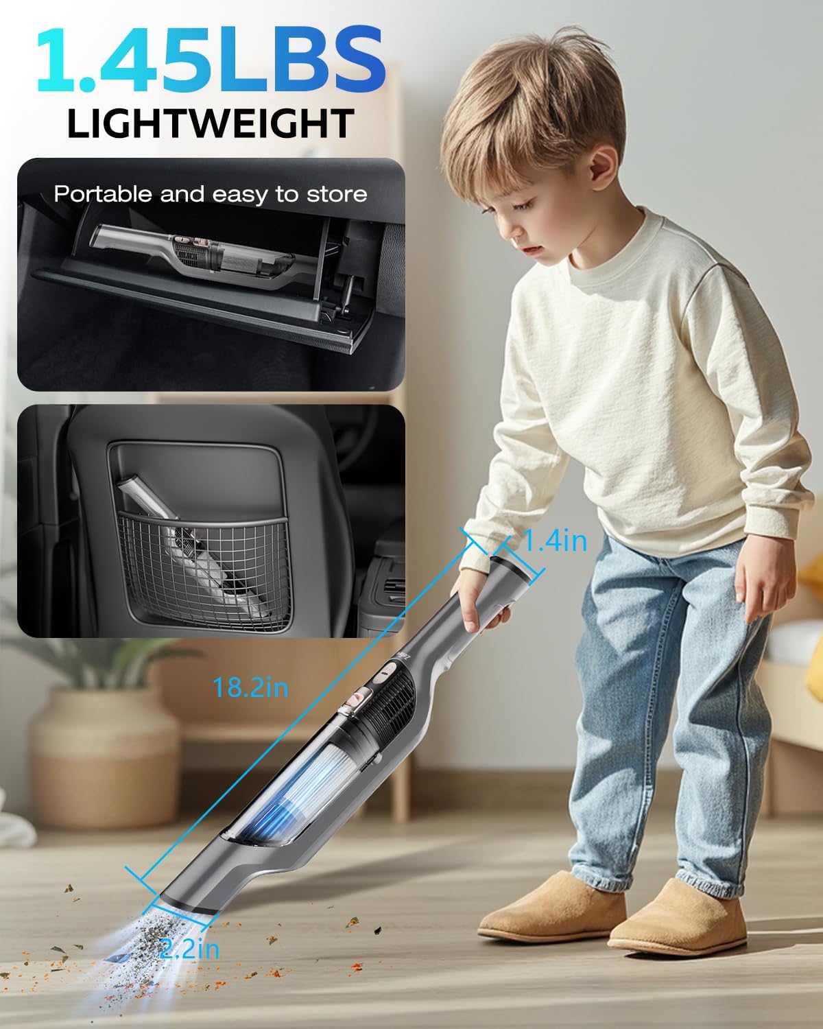 Zefiro Cordless Handheld Vacuum - Powerful 25000PA Suction for Car & Pet Hair | Rechargeable with XL Dust Cup & Accessories