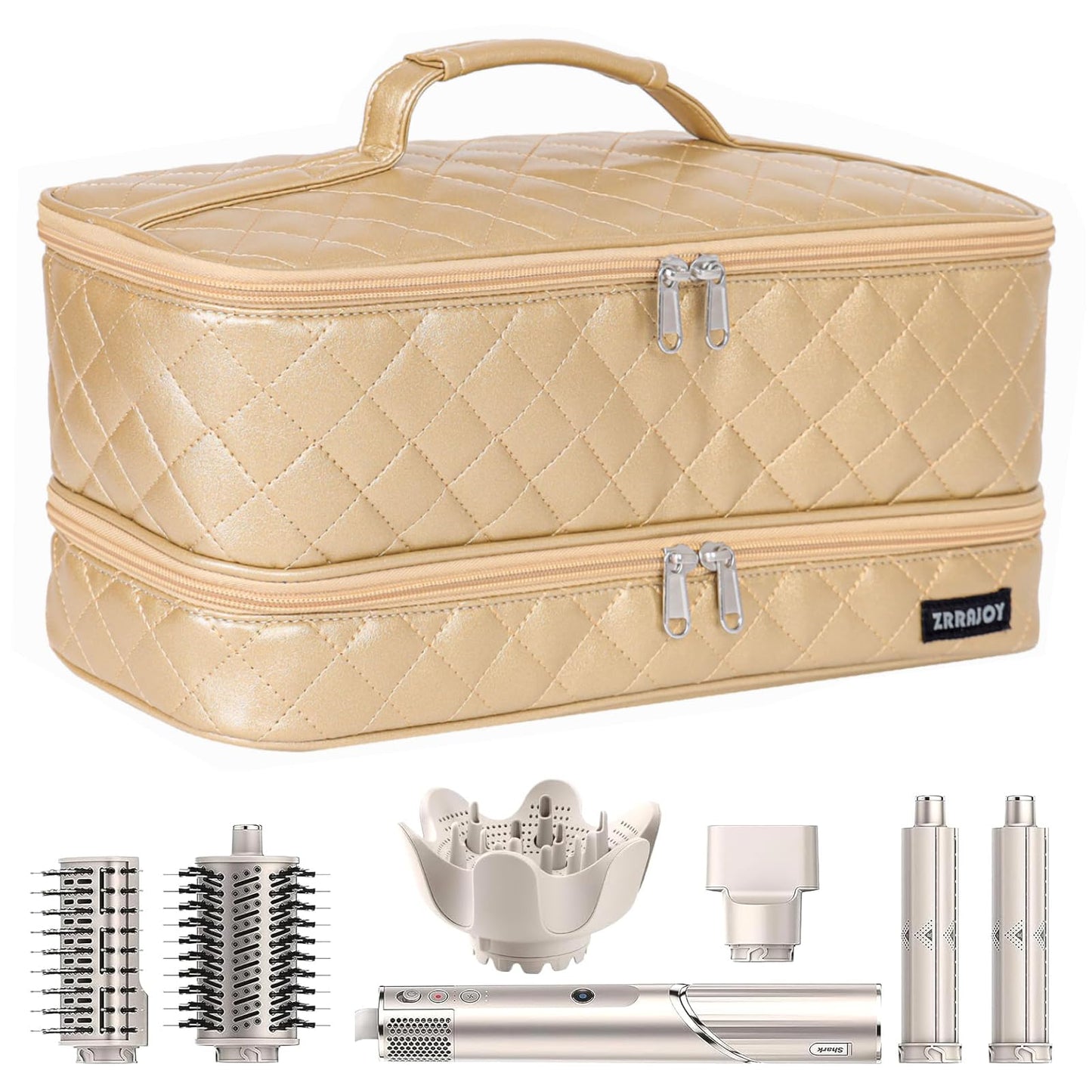 ZRRAJOY Double Layer Storage Case For Shark Flexstyle, Travel Carrying Case For Shark 430/440 Flexstyle, Organizer Bag For Shark Flexstyle/Dyson Airwrap Styler Attachments (Gold)