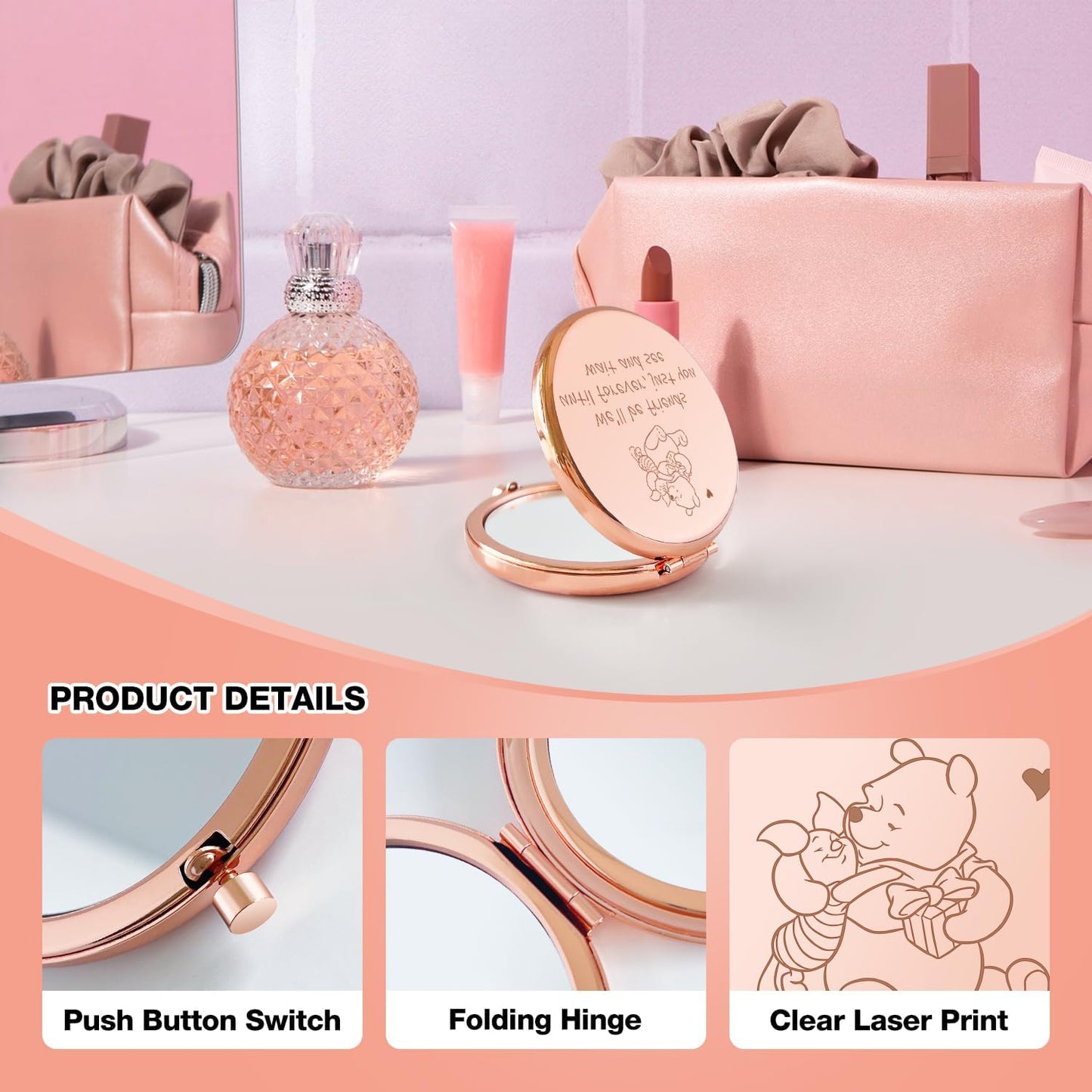 Winnie Compact Makeup Mirror - Engraved "We'll Be Friends Until Forever" - Perfect Gift for Sisters & Friends