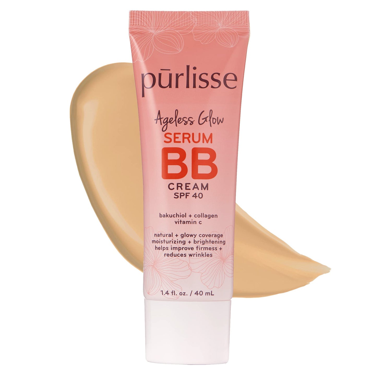 Purlisse Ageless Glow Serum BB Cream SPF 40 - Glow BB Cream with SPF Enriched with Bakuchiol & Vitamin C to Help Improve Firmness & Reduce Wrinkles for Dewy Skin - Light Medium (1.4 oz)