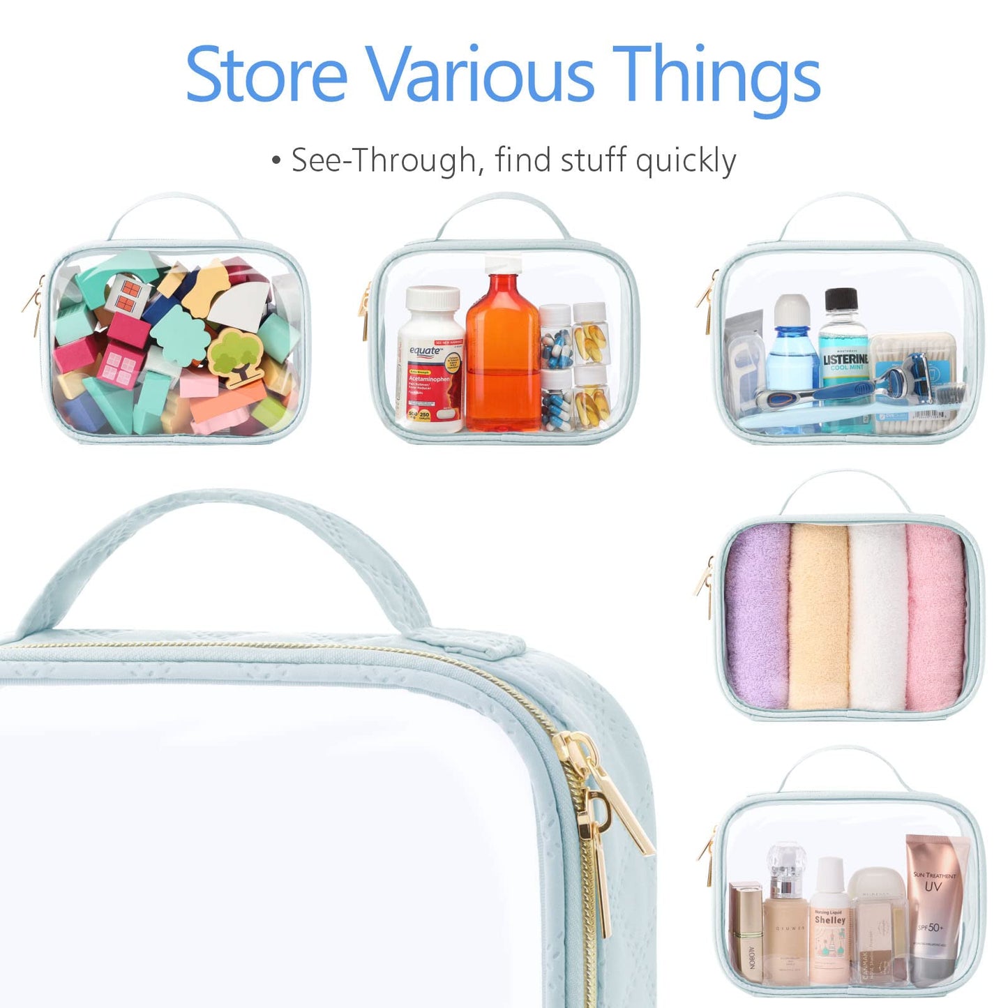 PACKISM TSA Approved Toiletry Bag, 3 Pack Clear Makeup Bags with Handle Large Opening, Clear Toiletry Bags Fit Carry-on Travel Essentials, Quart-sized Clear Travel Bags for Toiletries, Multicolor