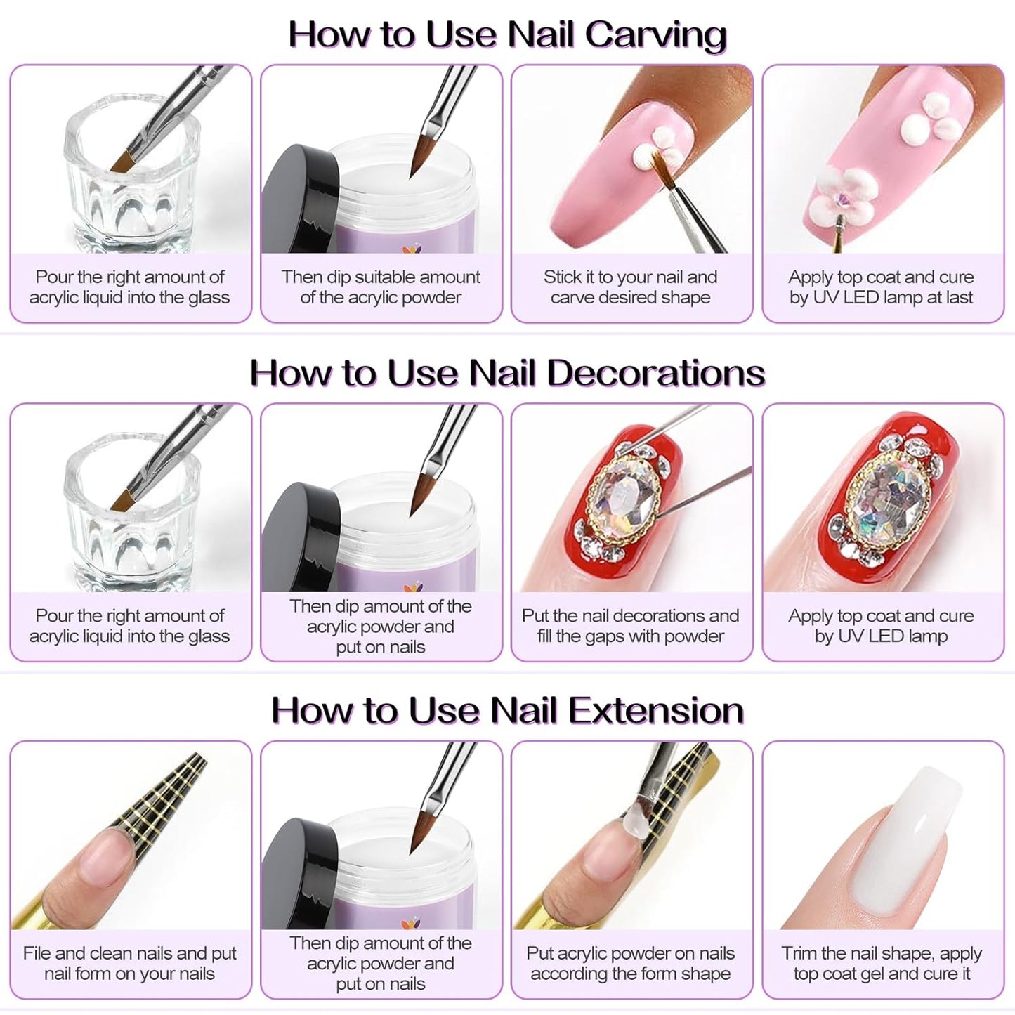 TOROKOM Acrylic Nail Powder - 4 Colors, 480g | Long-Lasting Dip Powder for 3D Nail Art