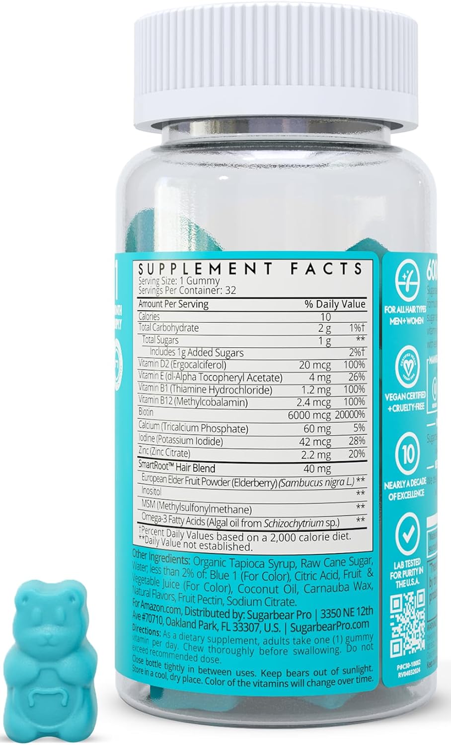 SugarBearPro Hair Vitamins - Extra Strength Biotin Gummies for Hair Growth | 1 Month Supply, Vegan & Kosher