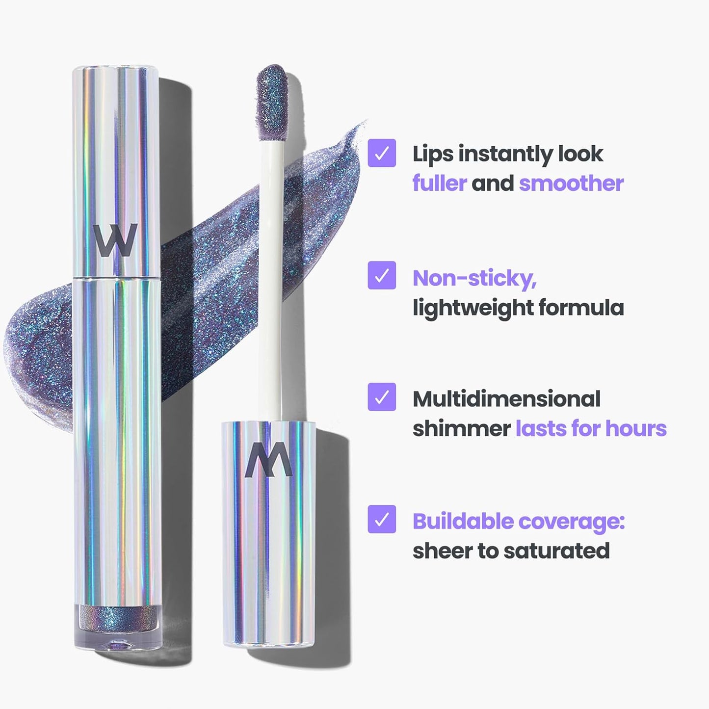 Wonderskin Lip Gloss - Hydrating High Shine Finish Lip Makeup | Blue Glitter