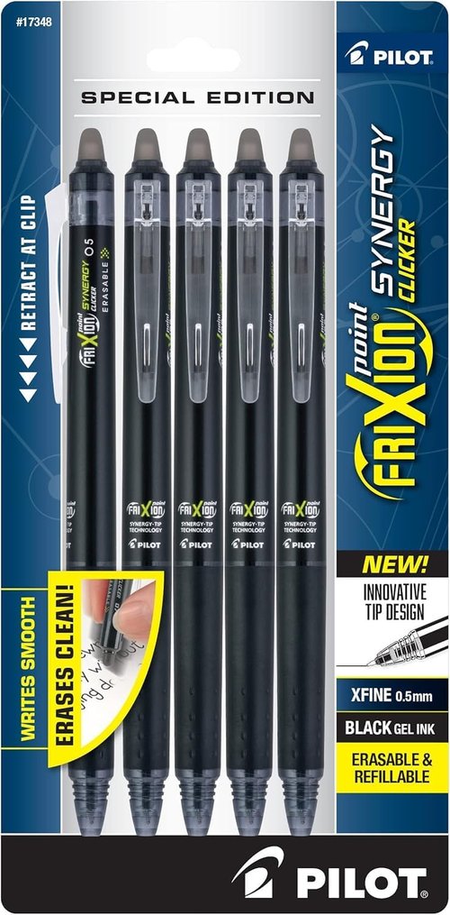 PILOT FriXion Gel Ink Pens - Erasable, Refillable & Retractable | 0.5mm Extra Fine Point, Black Ink, 5-Pack