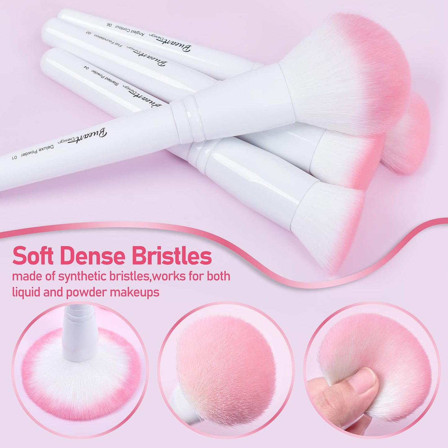 Bueart Design 16Pcs ULTRA SOFT labeled Makeup Brushes set with brush Holder face brush for Foundation Powder Blending Blush wooden Handle(16Pcs White+Pink Holder)