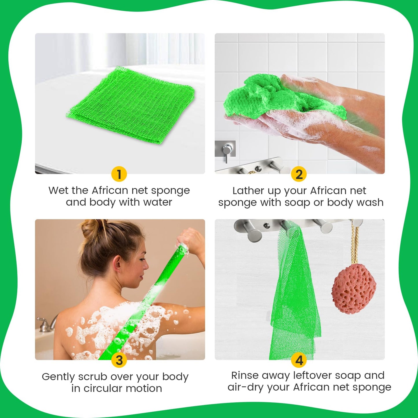 ZOCY African Net Sponge, Authentic Exfoliating Body Scrubber for Bath and Shower, Multiple Textures with Gentle Deep Exfoliating and Rich Lather for All Skins (Green)