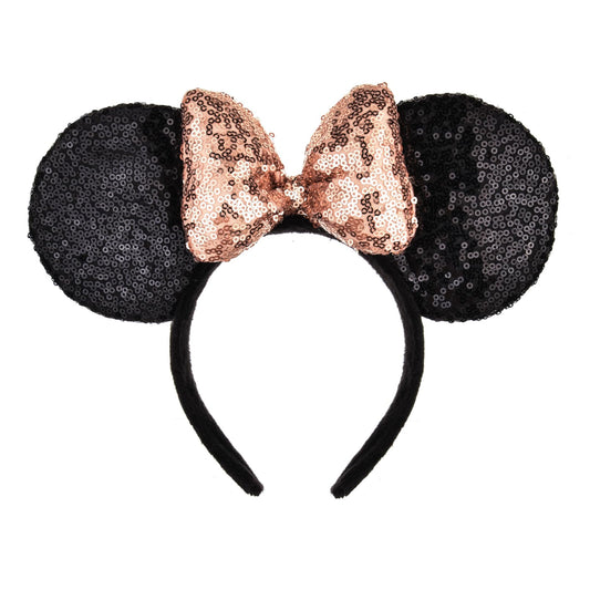 A Miaow 3D Black Mouse Sequin Ears Headband MM Glitter Butterfly Hair Clasp Park Supply Adults Women Photo Accessory (Black and Champagne)