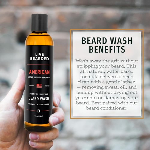 Live Bearded Beard Wash - All-Natural Water-Based Cleanser for Gentle Deep Clean - 8 fl oz | American Cedar, Vetiver, Bergamot Scent