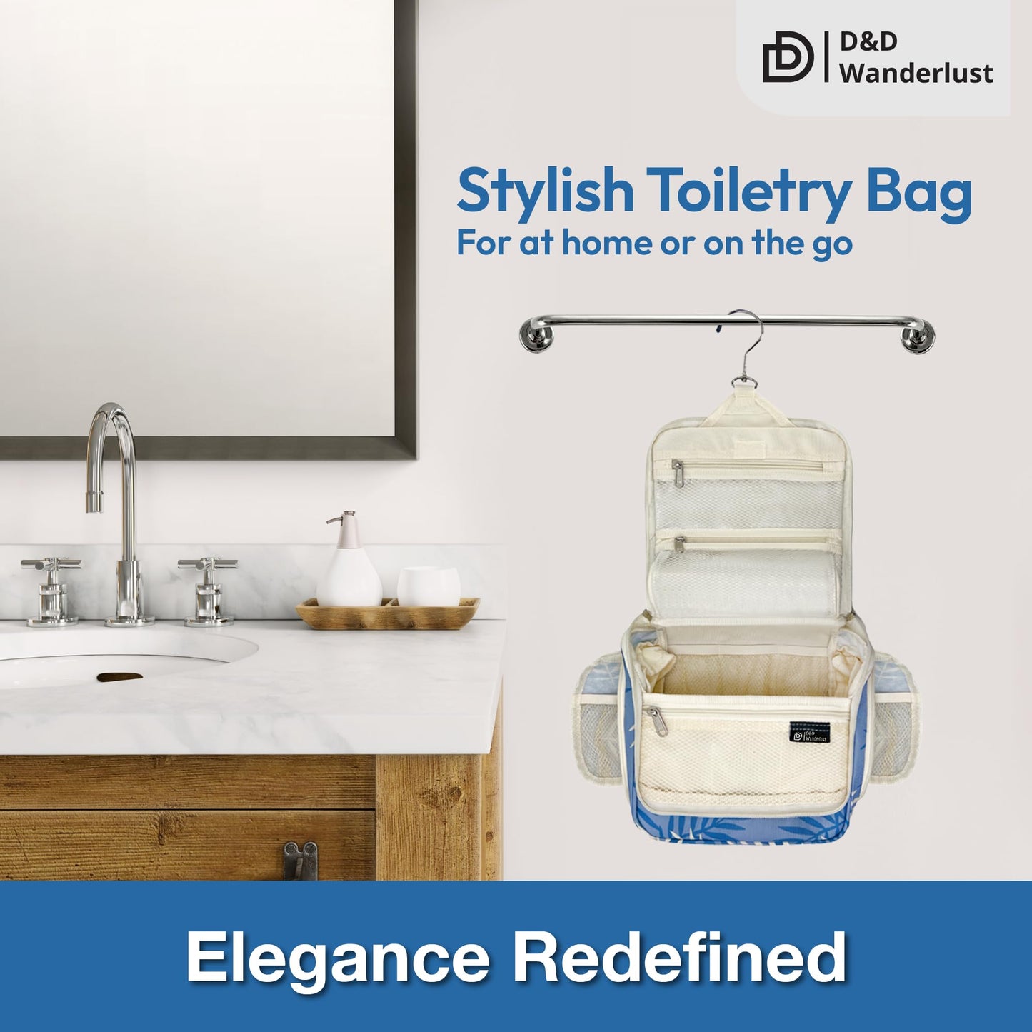 D&D Hanging Travel Toiletry Bag for Men and Women – Cosmetics, Makeup and Toiletries Organizer Kit with 10 Compartments, XXL Metal Swivel Hook, Water-Resistant Nylon