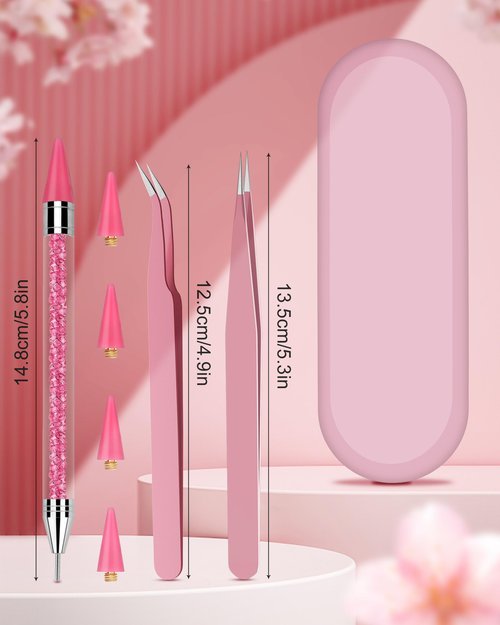 Rhinestone Picker Tool Set,Rhinestone Applicator Tool,Rhinestone Picker Dotting With 4 Extra Pink Replaceable Wax Head and 2 Tweezer (Pink A)