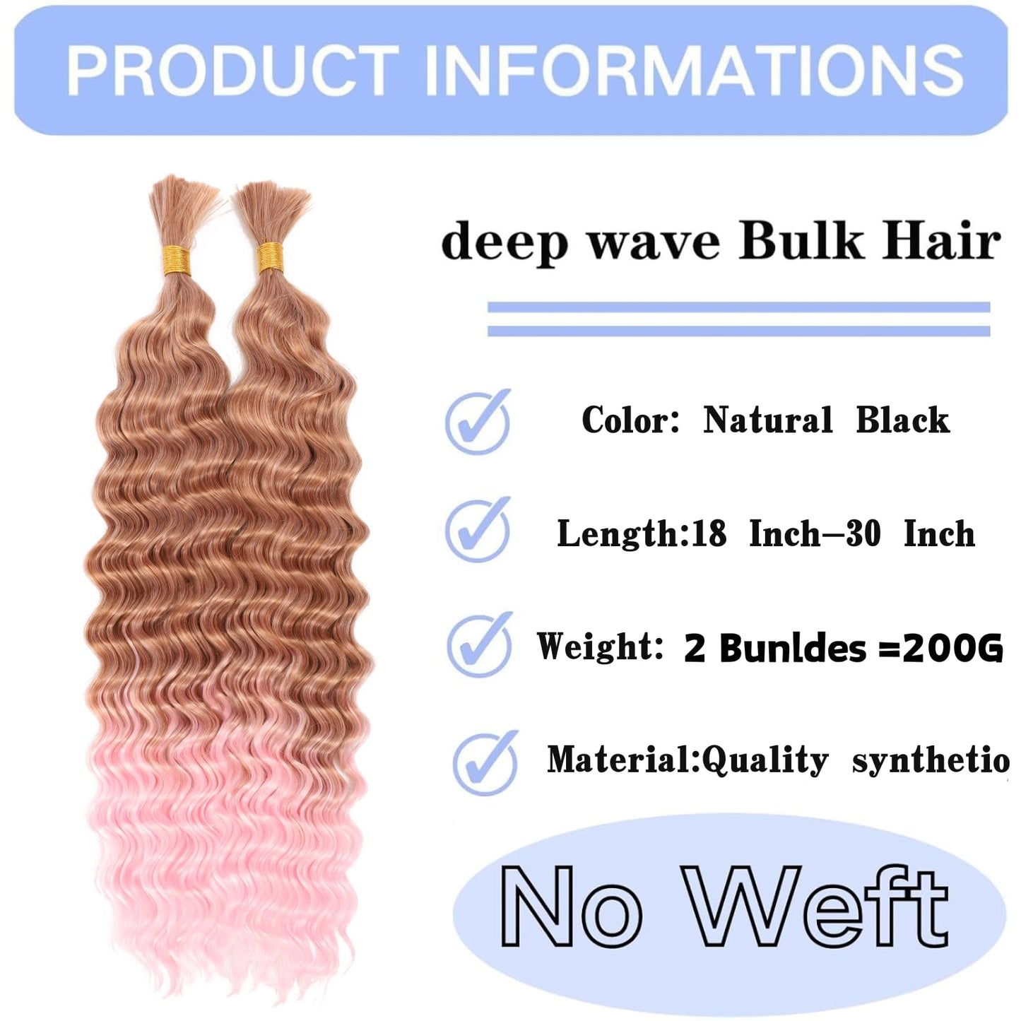 Deep Bulk Hair For Braiding Hair 20inch Wet And Wavy Deep Wave Bulk Hair Quality Synthetic Micro Braiding Hair Extensions for Boho Braids No Weft (2Pack 200g, 30/pink)