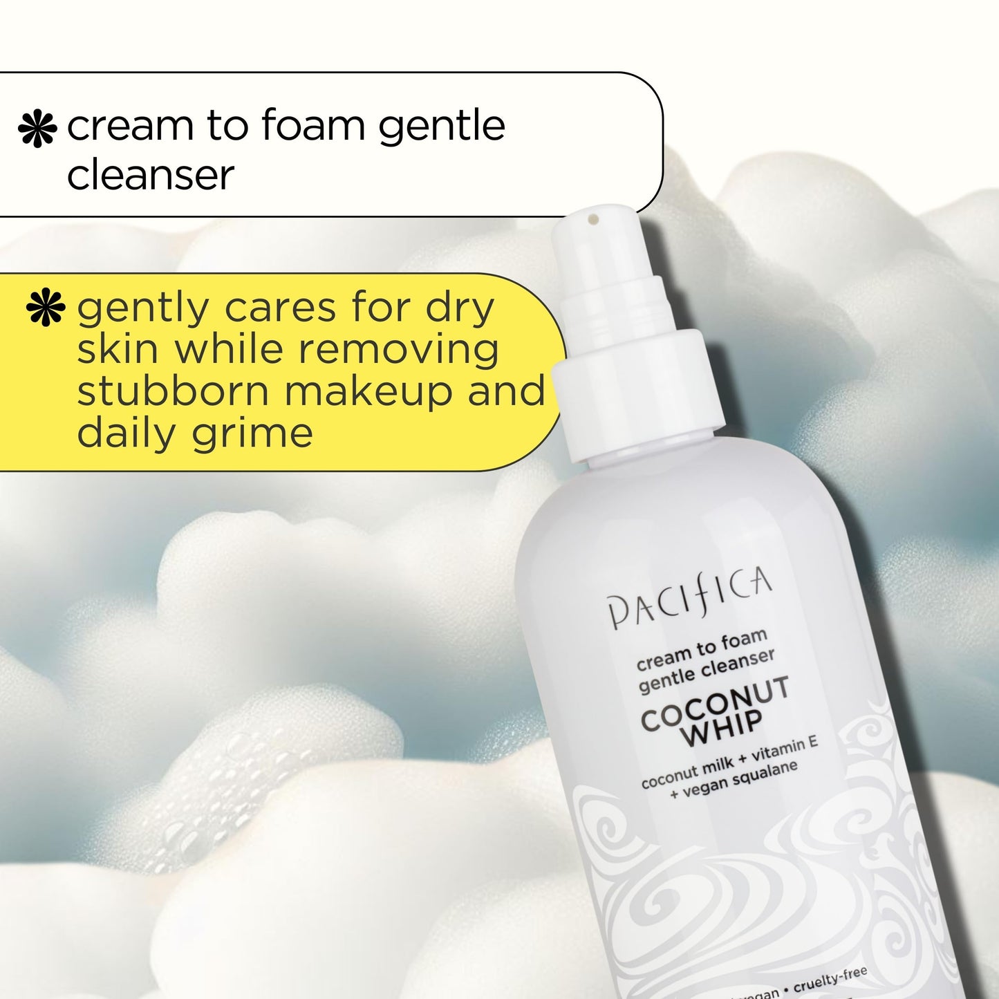 Pacifica Coconut Whip Cream to Foam Face Wash - Gentle Hydrating Facial Cleanser for Dry & Sensitive Skin, Moisturizing Daily Face Wash, Non-Comedogenic Vegan & Cruelty-Free, Dermatologist Tested 8oz