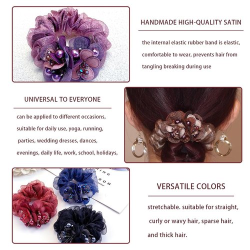 4 PCS Flower Hair Scrunchies for Women Rhinestone Elastic Hair Bands, Ponytail Holders Lace Hair Scrunchies Ties Elastics Bands Rubber Hairbands Hair Accessories for Parties Daily Use