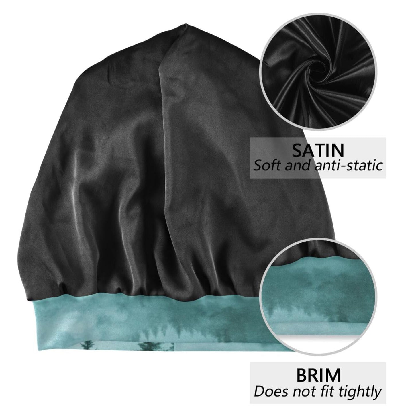 ElliTarr Beanie Hat Satin Bonnet Lined Sleep Cap Hair Wrap Cover Slouchy Beanie for Curly Hair Protection for Gifts for Men Women Foggy Green Mountains and Pine Trees