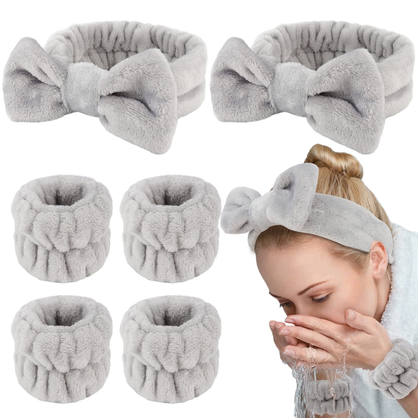 WHAVEL 6PCS Spa Headband and Wristband Set, Face Wash Headband Makeup Skincare Headband Wrist Bands for Washing Face