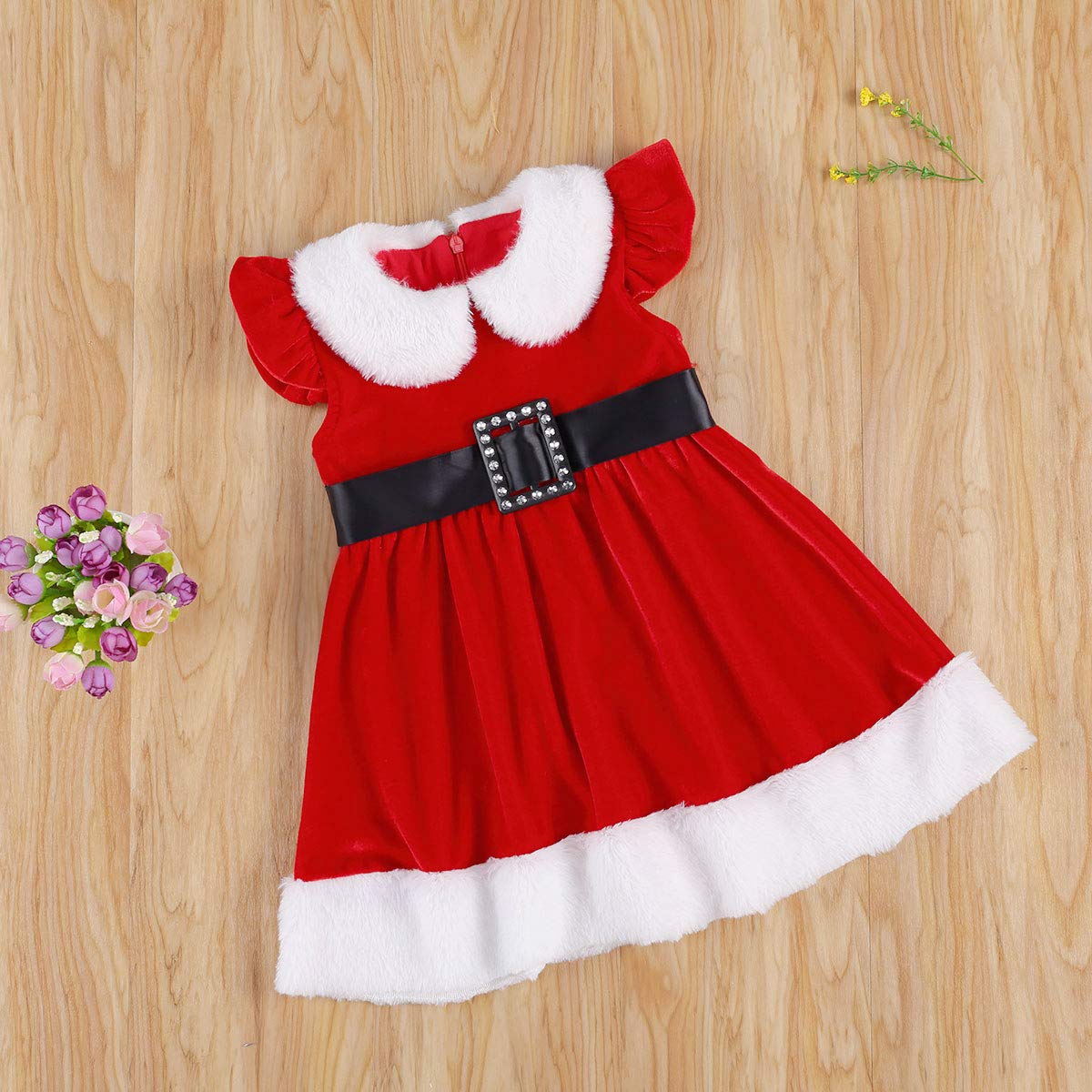 Springcmy Baby Girls Christmas Dress Velvet Santa Claus Dress Long Sleeve Plush Xmas Princess Party Cosplay Costume Dress (J-Red, 6-12 Months)