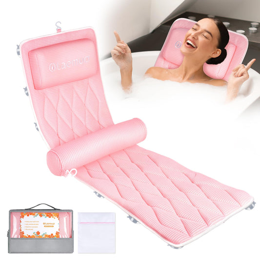 Full Body Bath Pillow Bathtub Pillows-Removable Lumbar Cushion with 17 Non-Slip Suction Cups 4D Air Mesh Fit Any Tub Luxury Bathroom Accessories-Pink