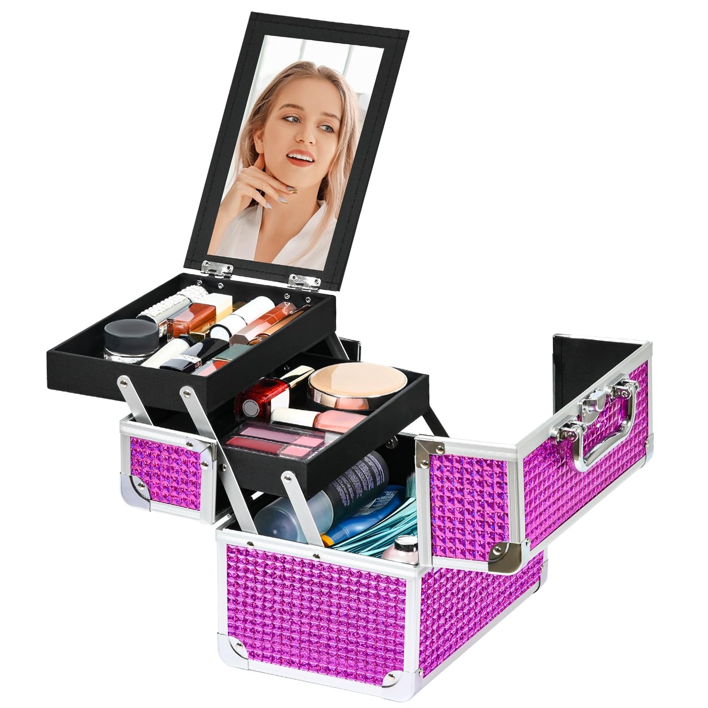 GALHUBIS Makeup Train Case, Portable Makeup Case with Mirror, 2-Trays Cosmetic Organizer Case,Nail Polish Organizer, Travel Makeup Box, Profesional for Salon Barber, Rose Red