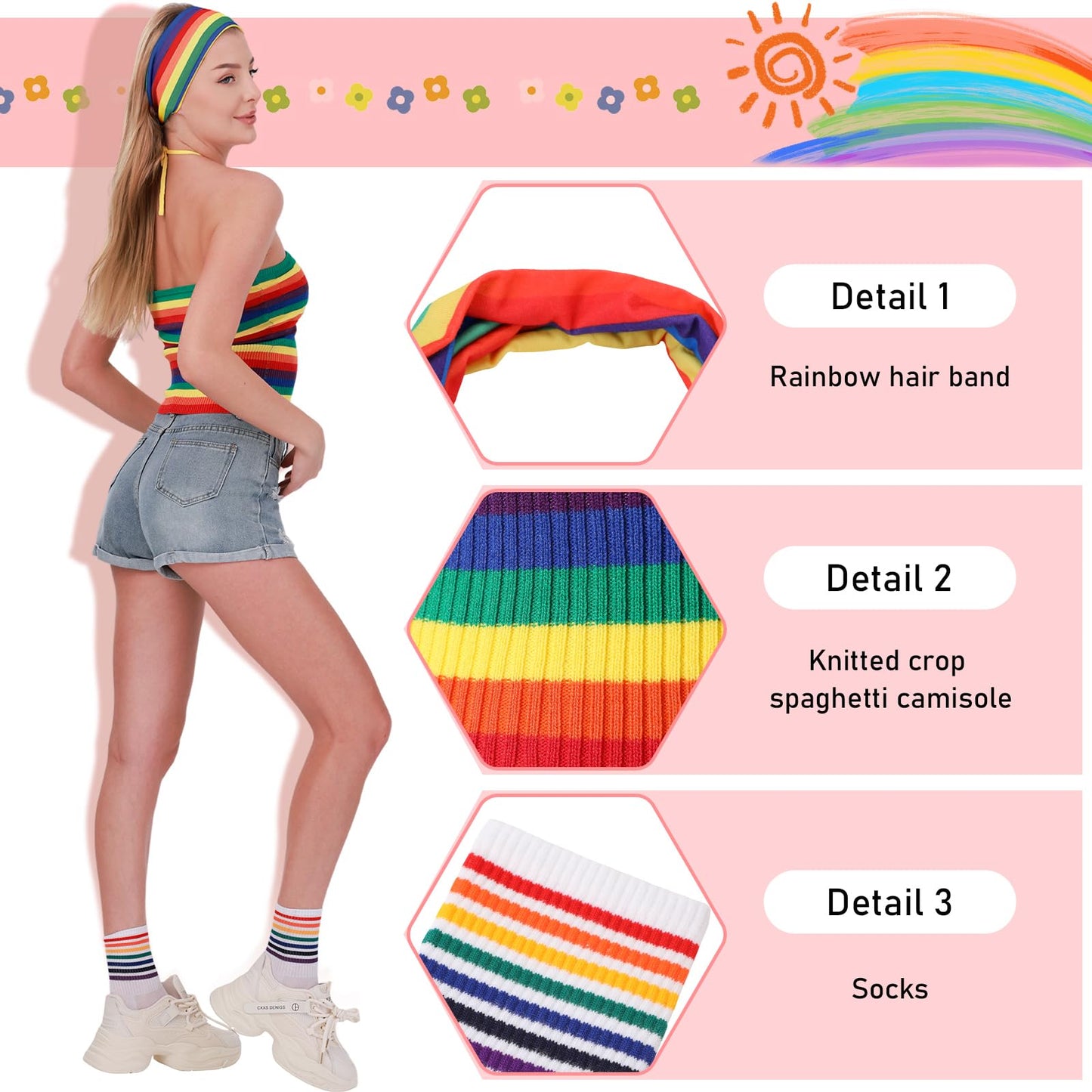 Cuffbow 4 Pcs Prides Parade Outfits, Rainbow Halter Backless Knitted Tank Top, Rainbow Hair Band and Rainbow Ankle Socks (Size M)