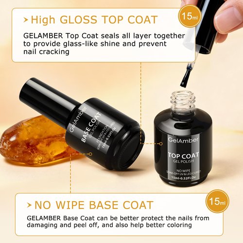 GELAMBER 2Pcs 15ml Gel Top Coat and Gel Base Coat, No Wipe Top and Base Gel Polish Kit, High Glossy Shine Long Lasting Soak Off Nail Art for Home DIY and Professional Manicure Gift