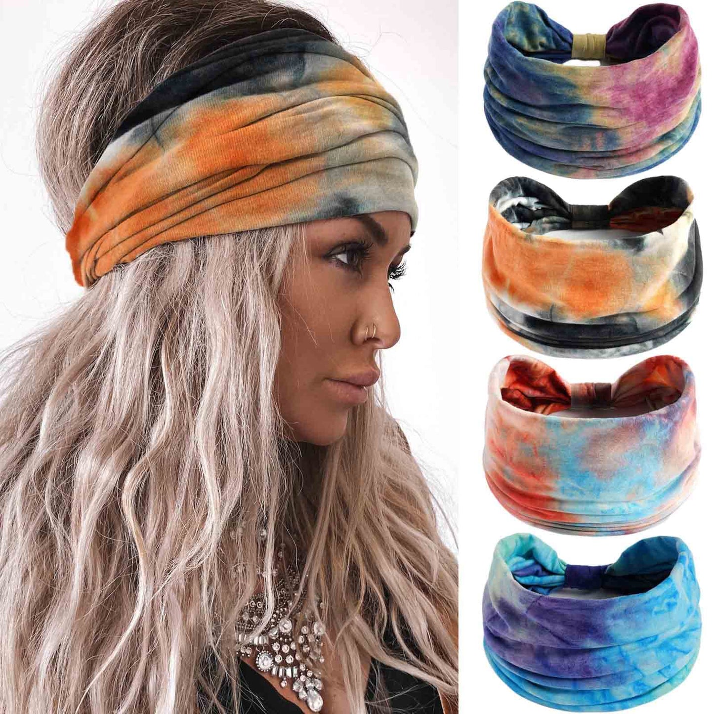 Acenail Boho Tie Dye Wide Knotted Turban Headbands for Women Girls - Nonslip Elastic, Workout, Yoga, Bohemian Head Wraps 4Pcs