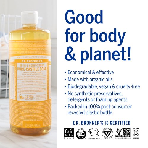 Dr. Bronner's Pure-Castile Liquid Soap - Citrus Scent, 32oz (2-Pack) | 18-in-1 Uses, Vegan & Organic