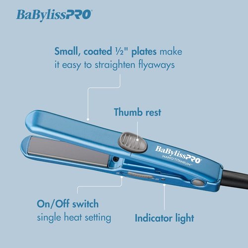 BaBylissPRO Nano Titanium Mini Flat Iron - 0.5" Travel Hair Straightener for All Hair Types