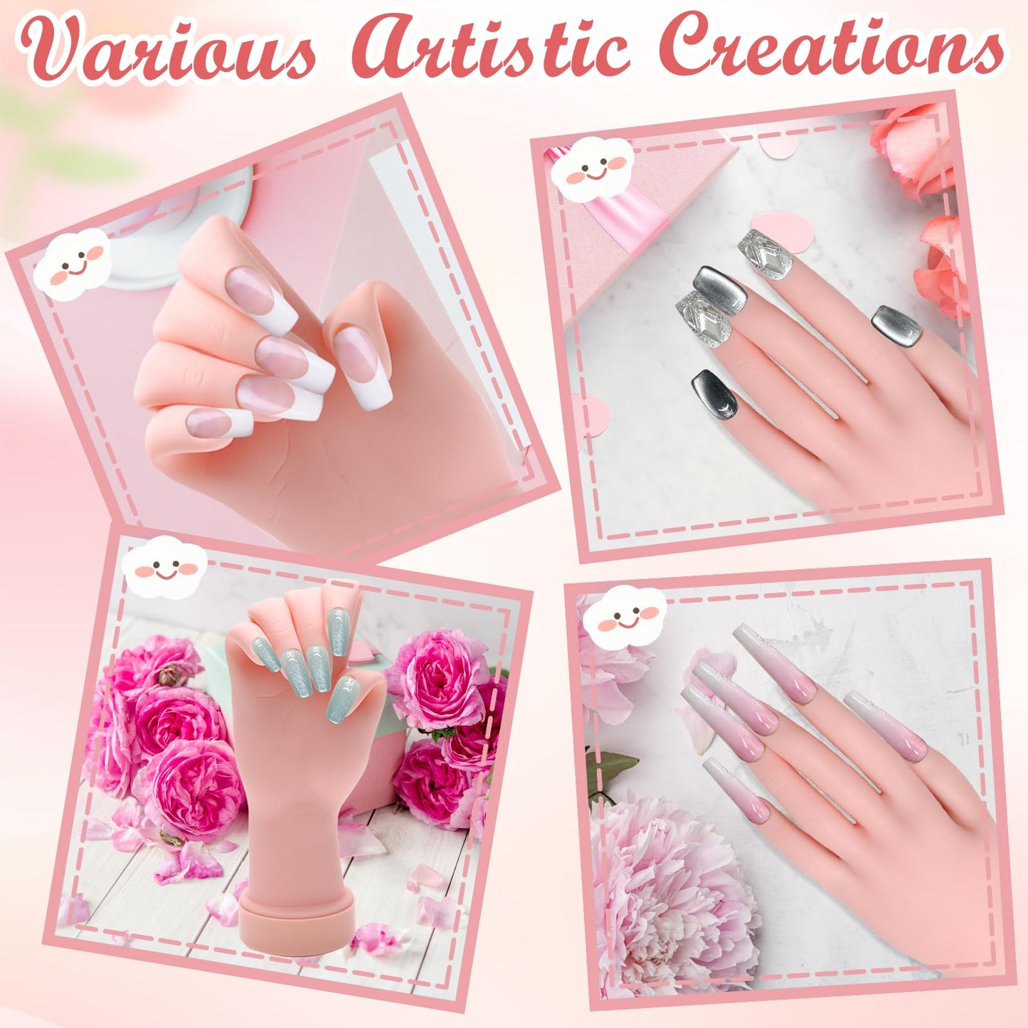 Zhaoyao Practice Hand for Acrylic Nails, Flexible Bendable Nail Practice Hand for Beginners with 100 PCS Nail Tips & 192 PCS Jelly Glues, Silicone Manicure Training kit for Nail Art