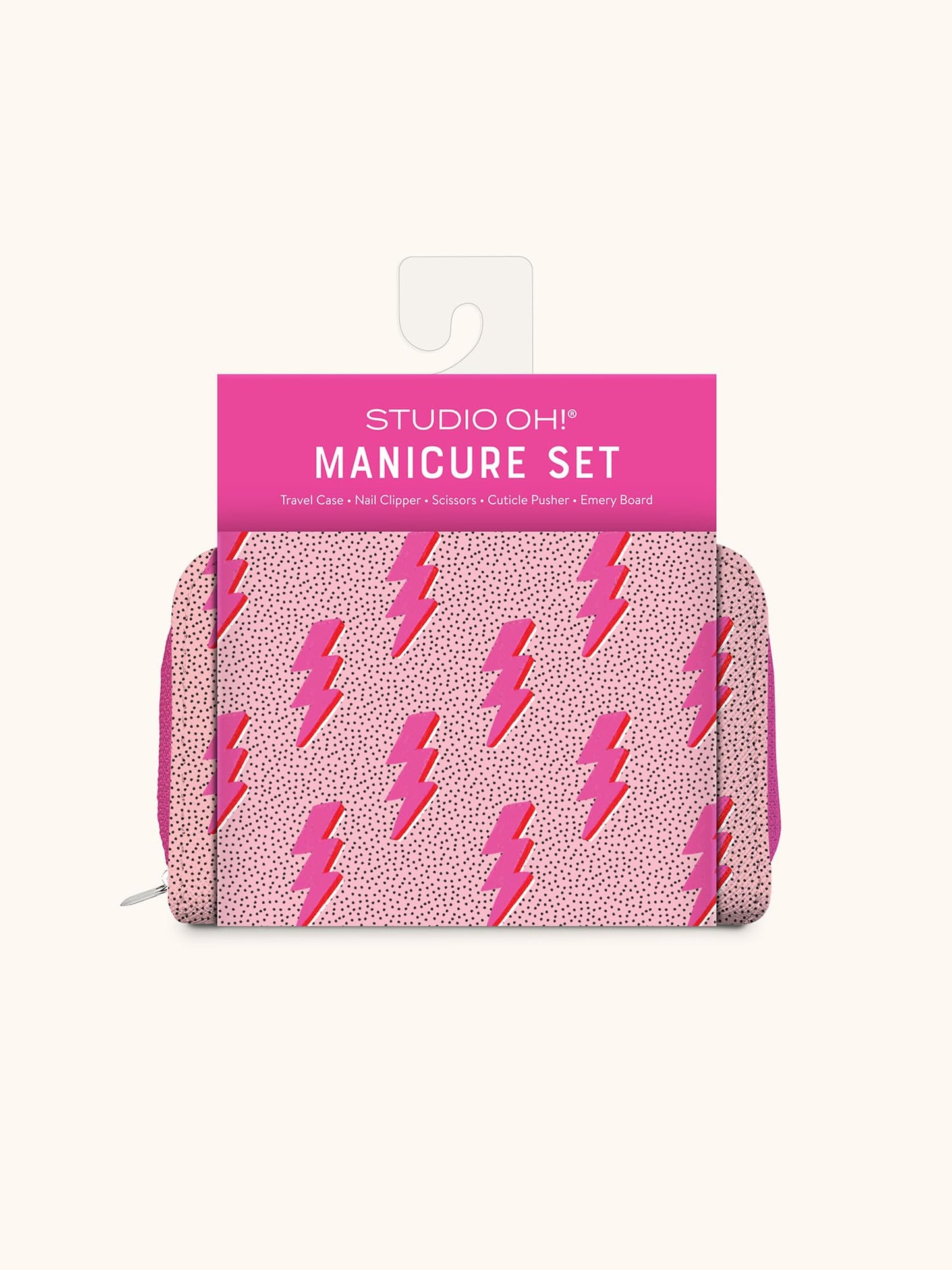 Studio Oh! Manicure Set - 5-piece Nail Grooming Set with File, Scissors, Clippers & Cuticle Pusher - Zippered Travel Kit for Home & Office - Charged Up