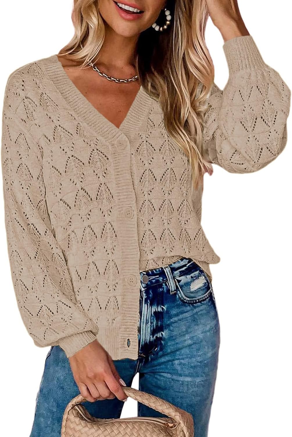 Zeagoo Women's Lightweight Crochet Cardigan - V Neck Long Sleeve Button-Up Bolero Sweater