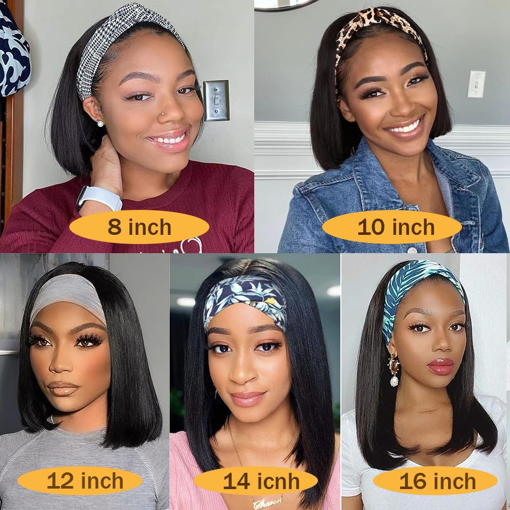 Straight Bob Headband Wig Human Hair None Lace Wigs for Black Women Glueless Short 100% Brazilian Virgin Head Band Easy to Install Half with Free