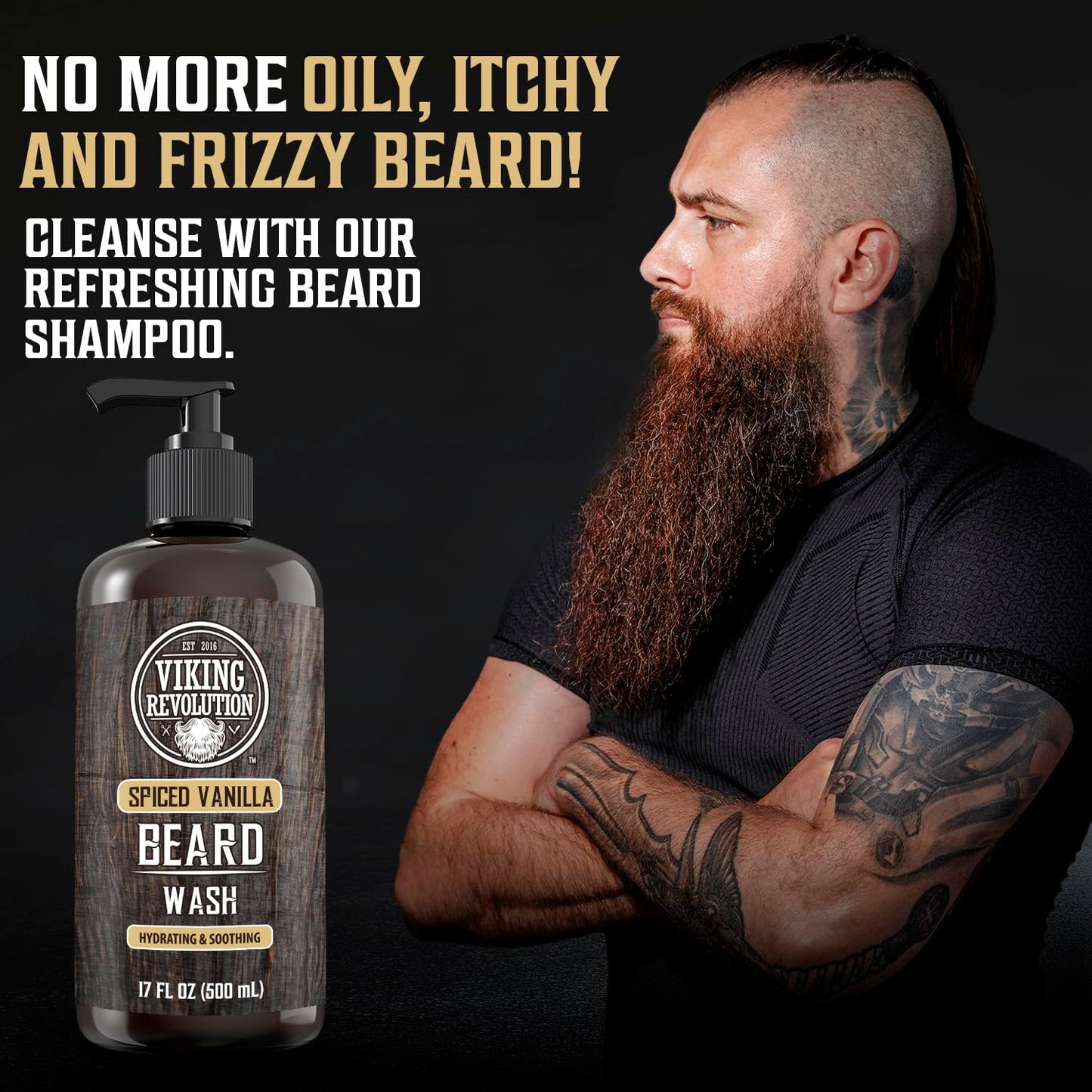Viking Revolution Beard Wash & Conditioner | Argan & Jojoba Oil - Softens & Strengthens (17oz Spiced Vanilla)