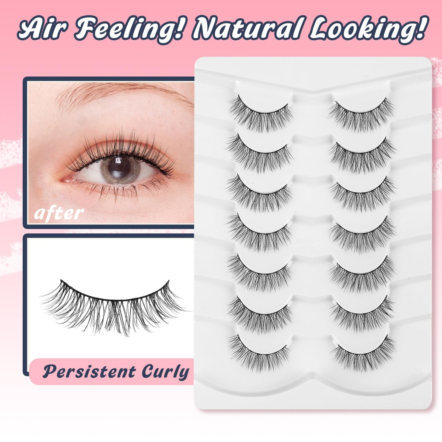 Eyelashes Short Natural Lashes Wispy Eyeashes Natural Look 10mm Strip Lashes False Eyelashes C Curl Eye Lashes Pack 0.1MM Thin Band 3D Volume Soft Eyelash Siligli Lash 7 Pair